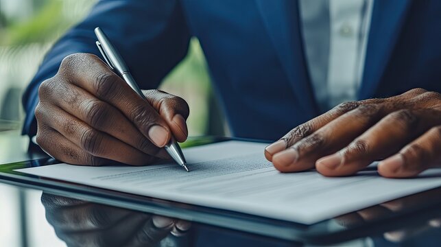 A businessman hands using a stylus pen to sign a digital contract on a tablet, highlighting modern business practices and technology integration.