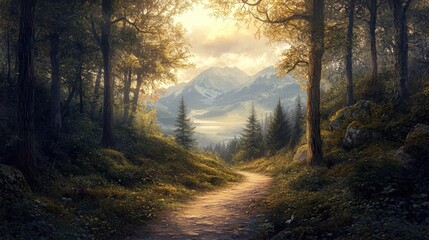 Obraz premium Scenic Trail Through Thick Forest Landscape