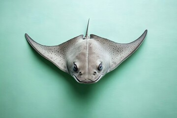 Fototapeta premium A Grey Stingray with Blue Eyes on a Mint Green Background