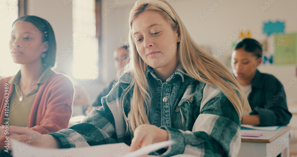 Poster education, reading or students in high school for learning, lesson or knowledge development. people,