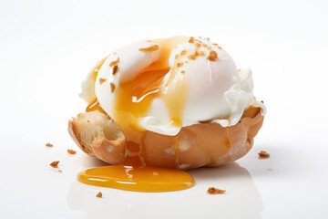 A perfectly poached egg on a bread with a soft, runny yolk and delicate whites, sitting on a pristine white background with subtle shadows.
