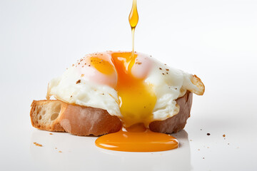 A perfectly poached egg on a bread with a soft, runny yolk and delicate whites, sitting on a pristine white background with subtle shadows.