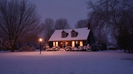 A charming dark chocolate-colored suburban house sits alone on a large lot, bathed in the soft glow of a winter evening,
