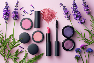 Flat lay of pink themed makeup products with purple flowers on a pink background