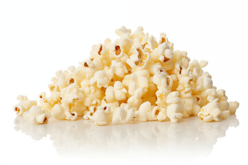 A close-up shot of freshly popped popcorn, each kernel perfectly golden and fluffy, scattered artistically on a pristine white background.