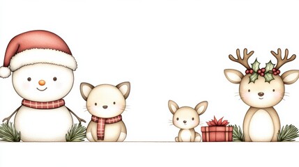 Fototapeta premium Cute Cartoon Christmas Characters with Snowman and Animals