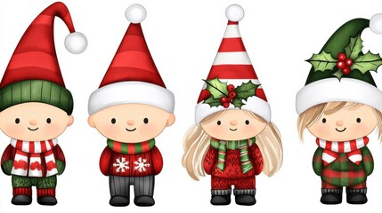 Cute Cartoon Children in Christmas Attire