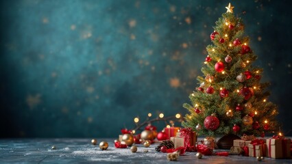 A beautifully decorated Christmas tree adorned with red ornaments and surrounded by gifts, radiating holiday spirit in a cozy setting