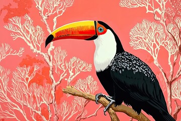 Obraz premium A Toucan Perched on a Branch Against a Coral-Colored Background with White Trees