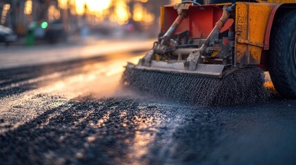 A close-up of a street sweeper vacuum system cleaning a road, focusing on the removal of dirt and dust for urban cleanliness.