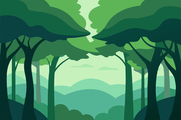 Illustration of Green Forest Landscape with Trees and Hills