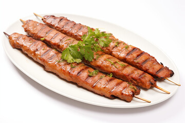 A perfectly grilled seekh kabab, glistening with oil and herbs, with smoke slightly rising, placed on a clean white background.