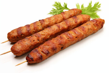 A perfectly grilled seekh kabab, glistening with oil and herbs, with smoke slightly rising, placed on a clean white background.