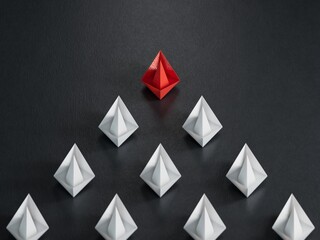 Different business concept.new ideas. paper art style.Leadership concept with red paper ship leading among white boats.3D rendering on black background.
