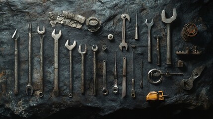 A collection of old, rusty tools on a dark, textured background.