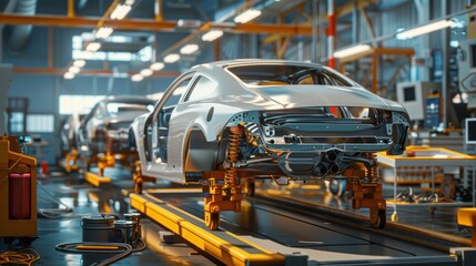 Car Body Shell On Assembly Line In Factory