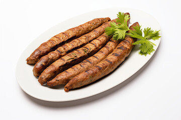 A perfectly grilled seekh kabab, glistening with oil and herbs, with smoke slightly rising, placed on a clean white background.