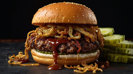 An indulgent, cheese-stuffed burger with layers of crispy fried onions, pickles, and dripping barbecue sauce.