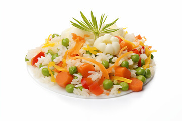 A bowl of freshly cooked vegetable rice, vibrant green peas, carrots, and corn visible, with steam rising and subtle shadows on a pure white background.