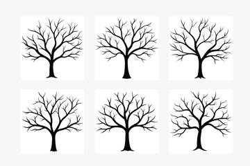 This tree silhouette vector art illustration set in black and white features elegant nature-inspired designs, perfect for prints, digital decor, and nature-themed projects. Ideal for minimalist layout