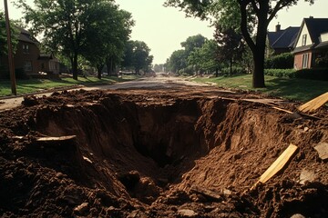 Fototapeta premium Construction site revealing deep excavation on urban street