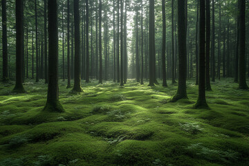 Obraz premium A forest with a lot of trees and grass