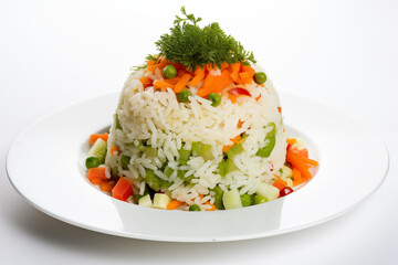 A bowl of freshly cooked vegetable rice, vibrant green peas, carrots, and corn visible, with steam rising and subtle shadows on a pure white background.