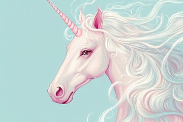 A Detailed Portrait of a White Unicorn with Pink Horn and Mane