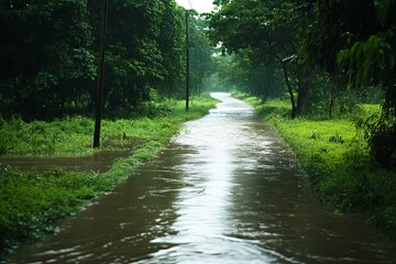 Fototapeta premium Flooded rural road surrounded by lush greenery