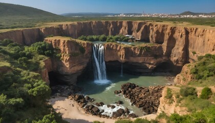 Stunning waterfall cascading into a rocky pool surrounded by lush greenery and cliffs