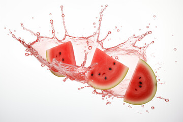 A tall, clear glass filled with refreshing watermelon juice, garnished with a mint leaf and a slice of watermelon on the rim, droplets of condensation forming on the glass.