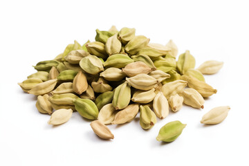 Close-up of green cardamom pods scattered across a white background, highlighting their natural texture and intricate wrinkles with soft shadows.