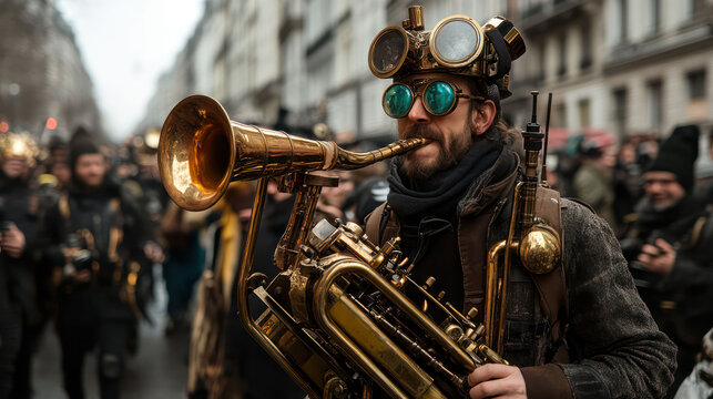 Futuristic steampunk protest with activists using brass and copper machinery to power eco-friendly demonstrations