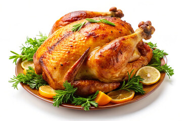 Whole roasted chicken isolated on white background
