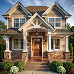 Beautiful modern farmhouse style luxury home exterior at twilight. generative ai