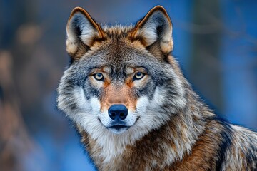 Fototapeta premium Close-up Portrait of a Wolf with a Blue Blurred Background
