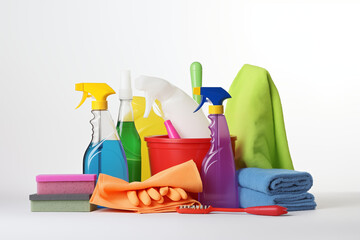 Simple and sleek cleaning and toiletries, featuring monochrome bottles with minimal labels, displayed on a pure white background, exuding elegance and simplicity.