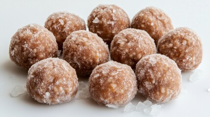 Frozen Meatballs Stacked Neatly with Ice Crystals