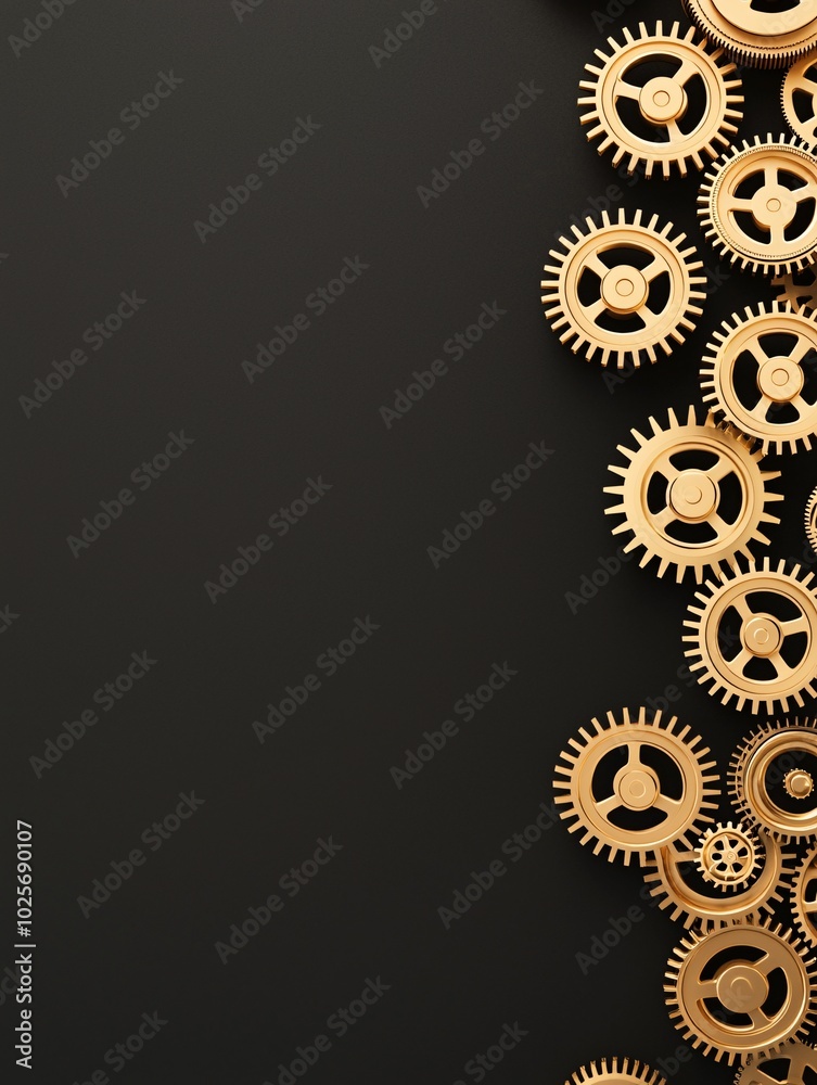 Poster a vertical composition of golden gears interlocking and spinning, set against a dark, gradient backg