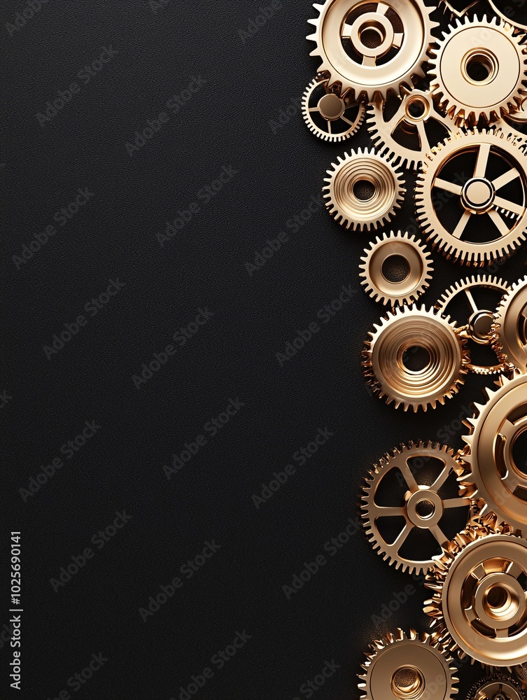 Poster a vertical composition of golden gears interlocking and spinning, set against a dark, gradient backg