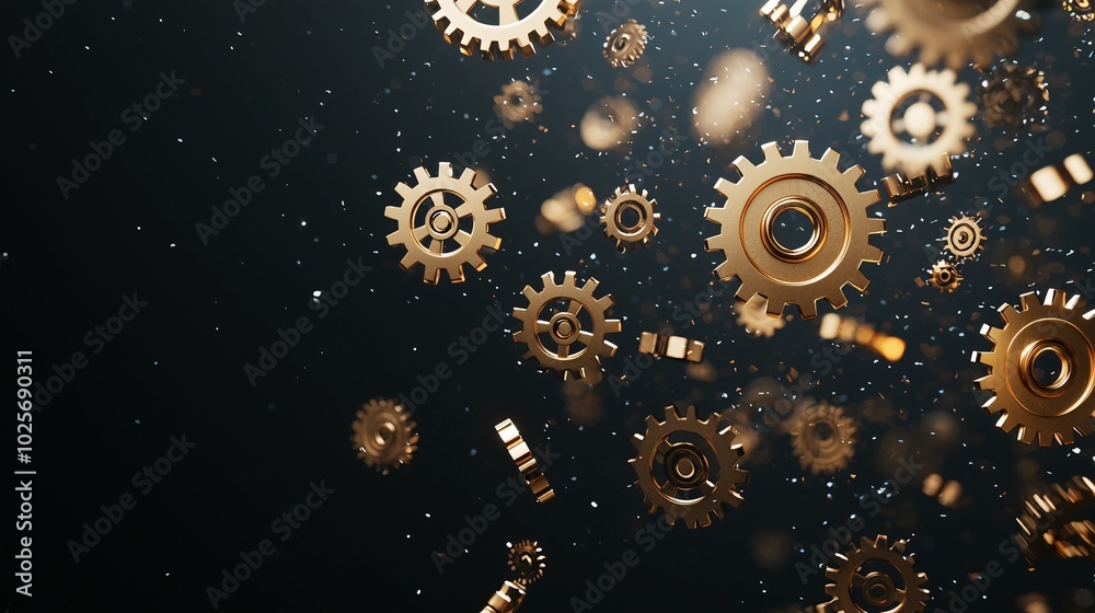 Poster an abstract representation of golden gears floating in a dark space, symbolizing time and its mechan