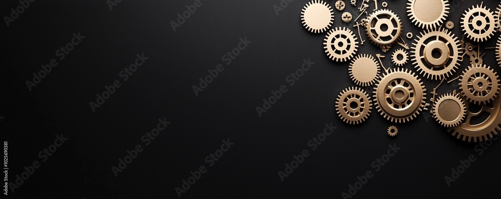 Poster a wide composition of multiple golden gears turning in unison, representing the complexity of timeke