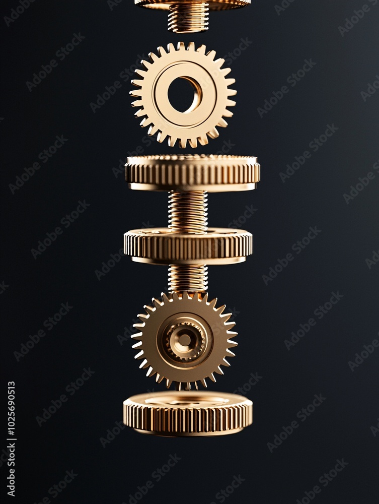 Poster a vertical shot of golden gears stacked atop one another, rotating in perfect synchronization. the d