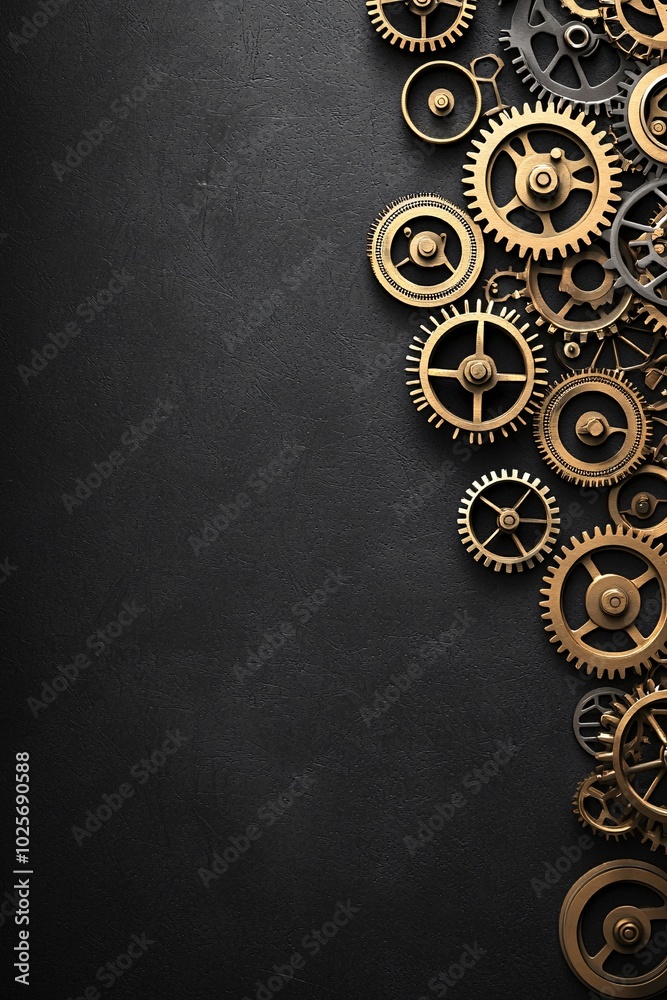 Poster a dynamic image of golden gears interlocking as they turn, capturing the essence of time in motion. 