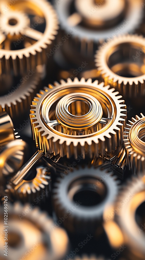 Poster a detailed view of golden gears rotating within a complex mechanical system, symbolizing the passage