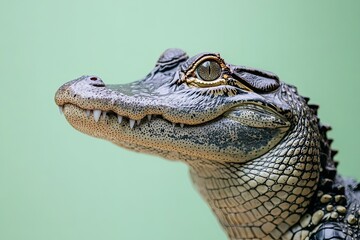 Obraz premium Close-up of an Alligator's Head with a Green Background
