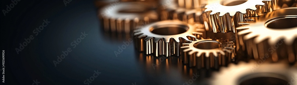 Poster a close-up of golden gears turning in perfect harmony, set against a dark, minimalistic background. 