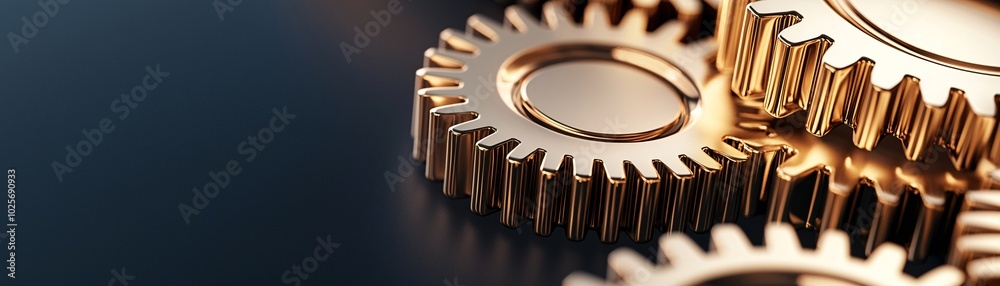 Poster a close-up of golden gears turning in perfect harmony, set against a dark, minimalistic background. 
