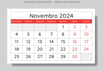 November 2024 portuguese calendar (Novembro). Vector illustration. Monthly planning for business in Portugal