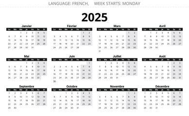 2025 french calendar - calendrier. Editable vector illustration for France. 12 months year